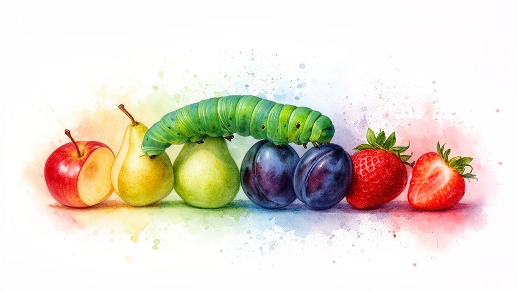 A large green caterpillar crawls over a colorful line of watercolor fruits: apple, pears, plums, and strawberries.