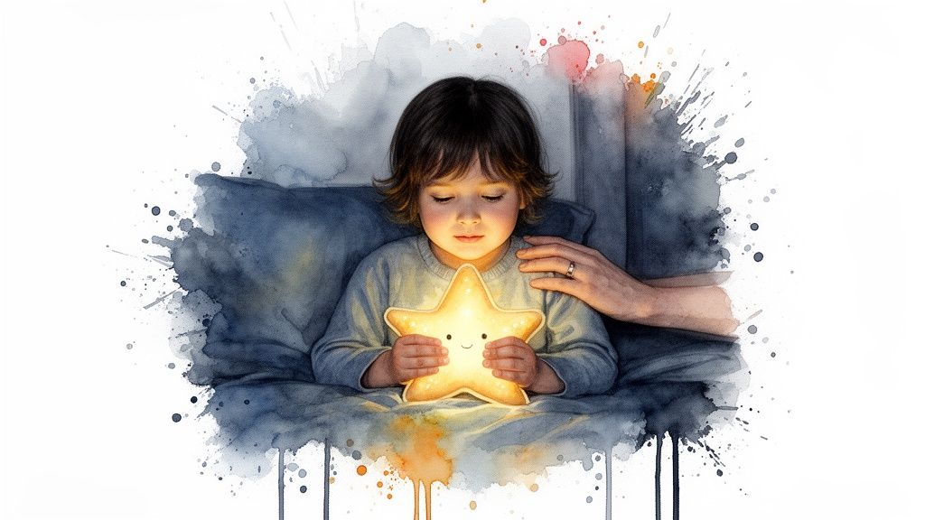 A watercolor painting of a child holding a glowing star with an adult hand on their shoulder.