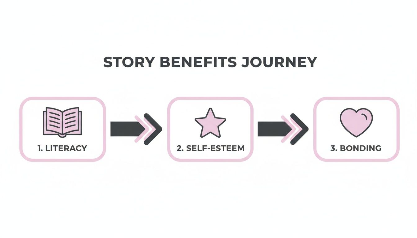 Infographic outlining the 'Story Benefits Journey': 1. Literacy, 2. Self-Esteem, 3. Bonding, with connecting arrows.