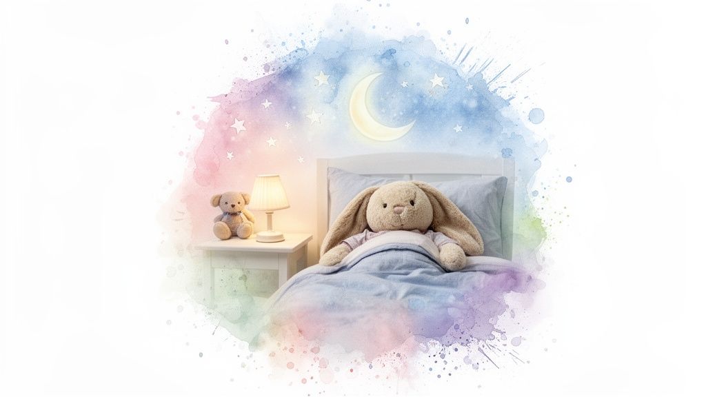 A cozy watercolor image of a stuffed bunny in bed with a teddy bear and moon, ideal for a nursery.