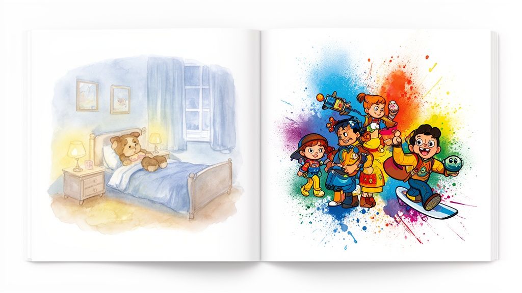 An open storybook showing a calm watercolor bedroom scene with a sleeping teddy bear and playful cartoon children on the opposite page with colorful paint splatters.