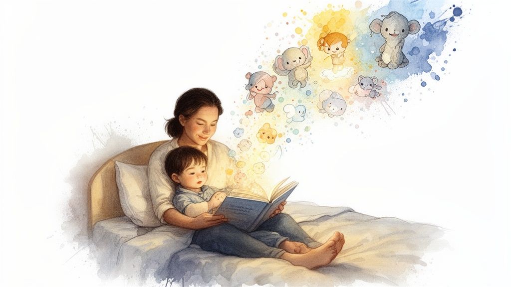 A gentle watercolor shows a mother reading a magical book to her child, sparking imagination with cartoon animals.
