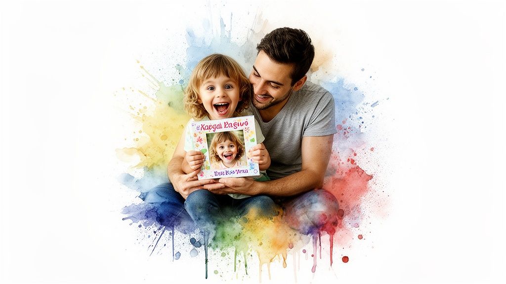 Joyful father and daughter smiling, holding a framed picture of the child, with vibrant watercolor art.