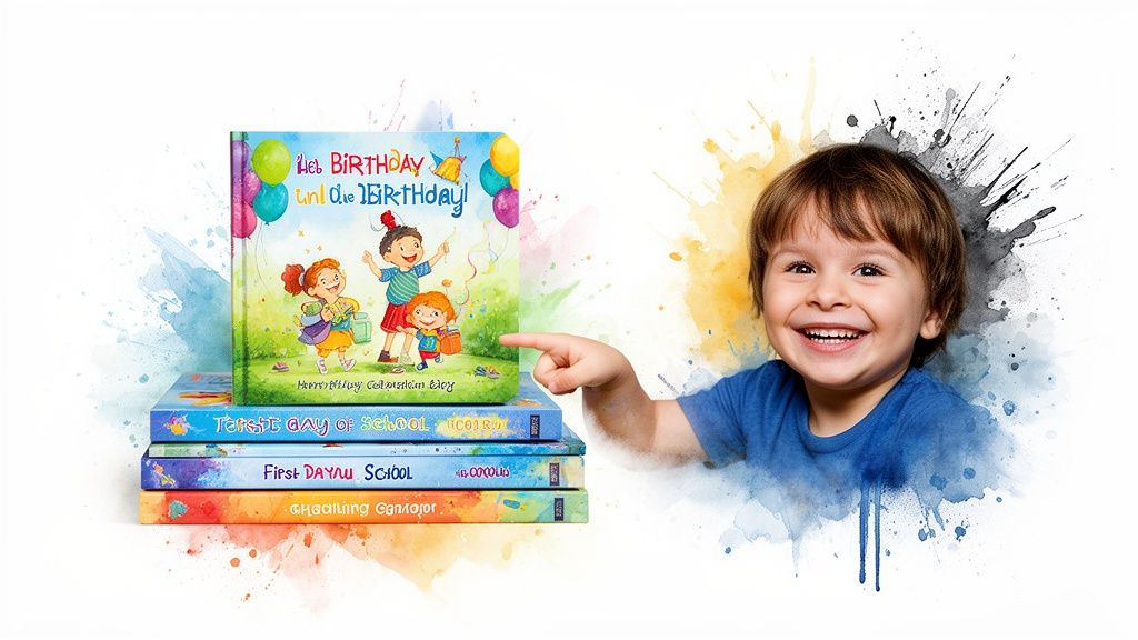 Happy child points to custom birthday and school books for kids, surrounded by watercolor splashes.