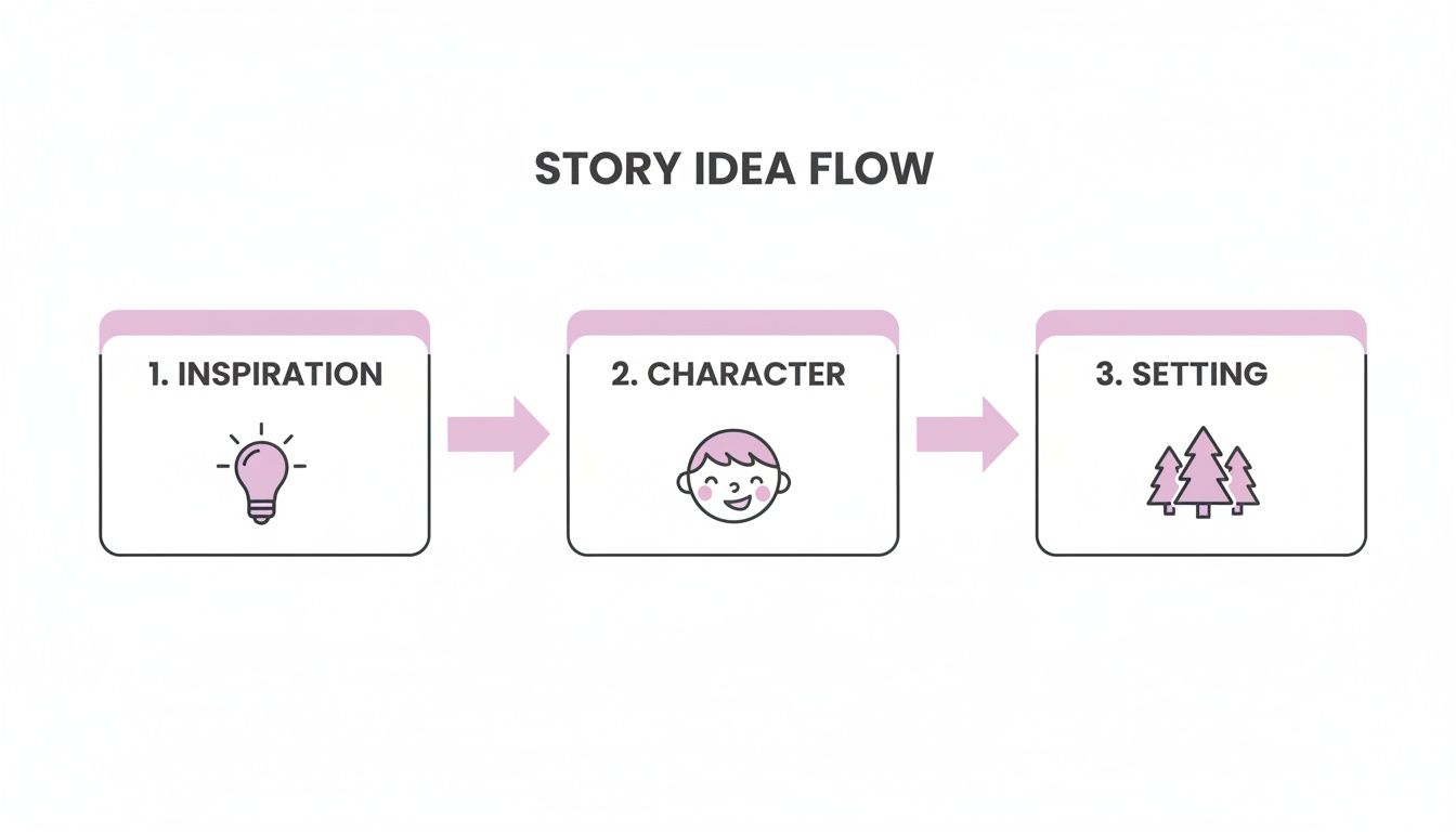 A story idea flow chart illustrating three steps: inspiration (lightbulb), character (face), and setting (trees).