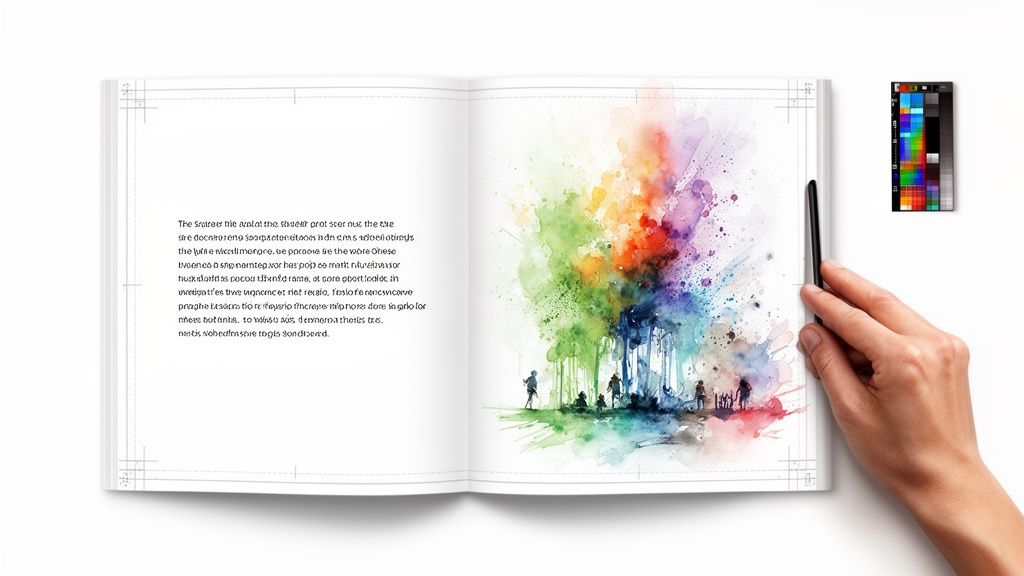 A hand uses a stylus to interact with an open storybook featuring a colorful watercolor painting.