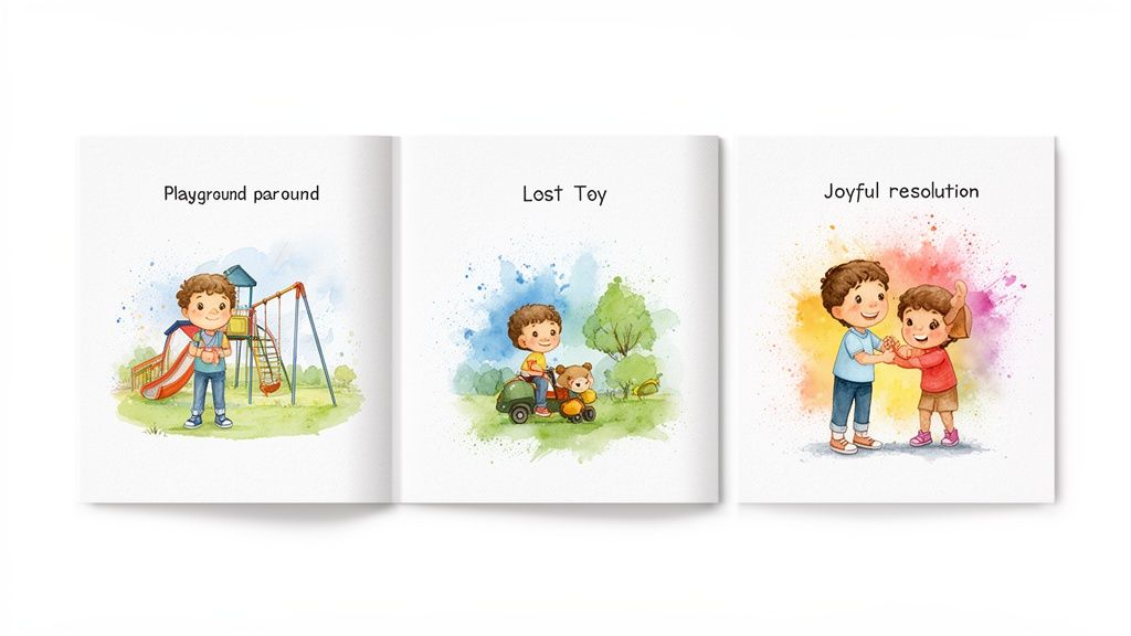 Three open children's storybooks with watercolor illustrations depicting playground, lost toy, and joyful resolution scenes.