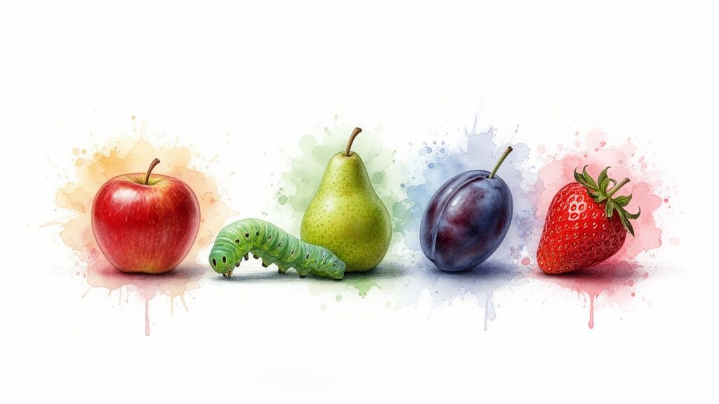 Watercolor illustration of various fruits: a red apple, a green caterpillar, a pear, a plum, and a strawberry, with colorful paint splatters.