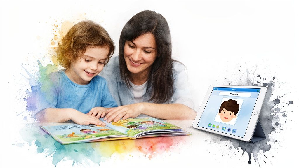 Happy mother and child reading a colorful storybook, with a tablet nearby.