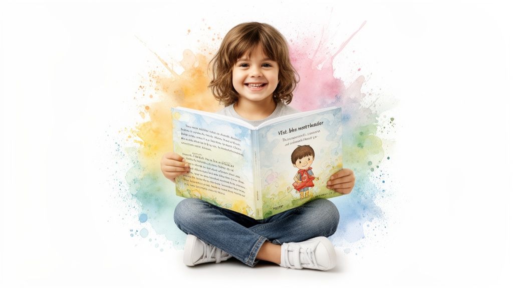 A happy child with curly hair sits cross-legged, reading an open storybook with colorful splashes.
