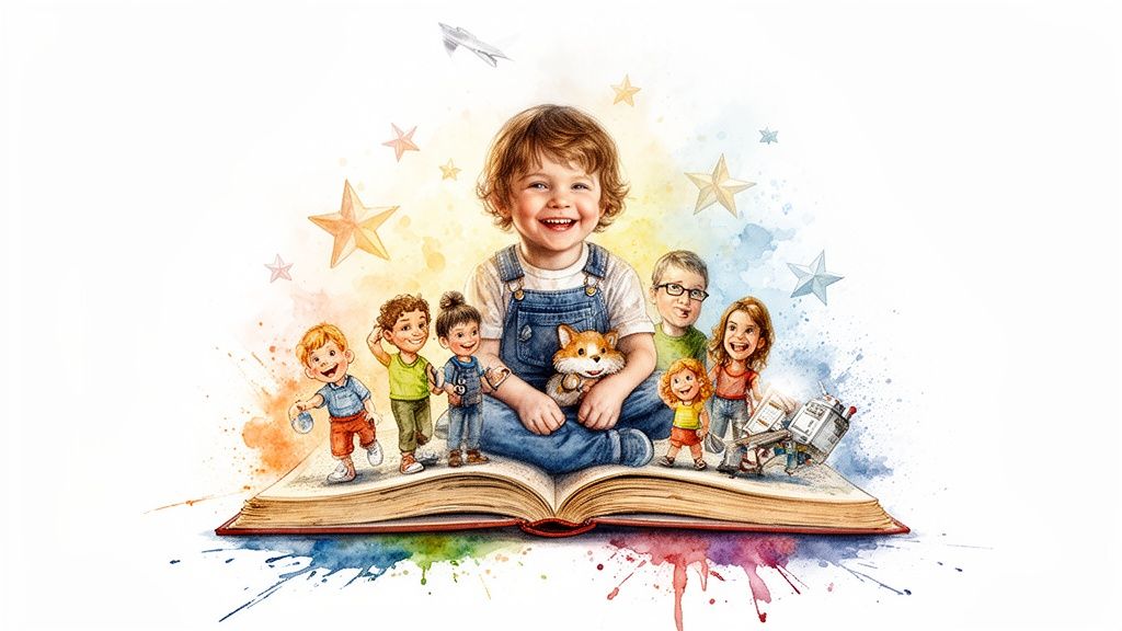 Smiling diverse children and a toddler with a fox plushie sit on an open book, surrounded by stars and watercolor splashes.