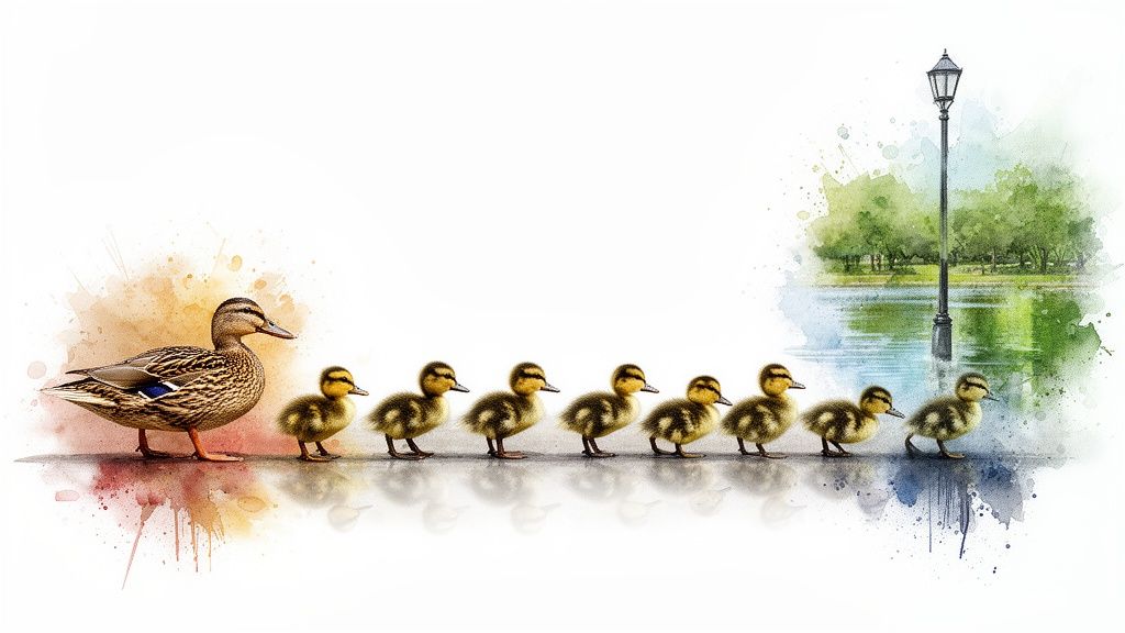 A mother duck leads a line of eight adorable ducklings on a path with a watercolor background.