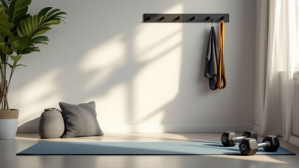 A woman doing yoga in her living room, which is set up as a small home gym with compact equipment.