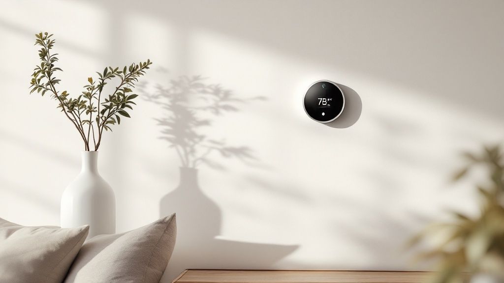 A person adjusting a smart thermostat on a living room wall, demonstrating ease of use.