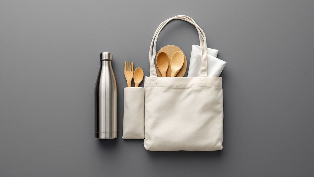 A zero-waste kit laid out on a surface, including a reusable water bottle, coffee cup, stainless steel straw, bamboo utensils, and a cloth napkin.