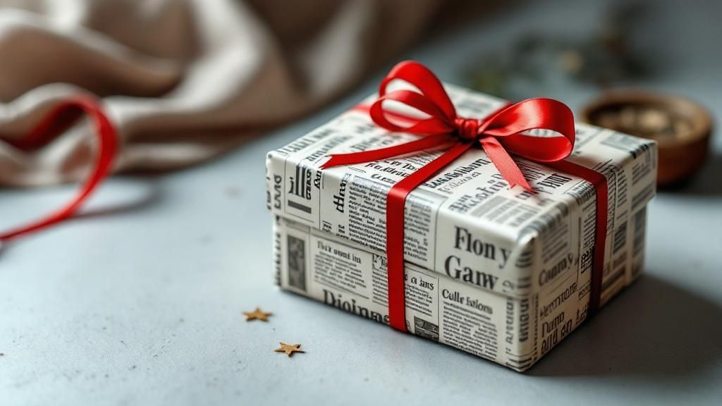 A gift wrapped in a black-and-white newspaper, tied with simple twine and adorned with a green sprig, sitting on a wooden surface.