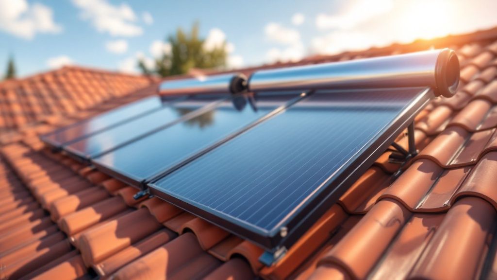 Solar water heating panels installed on a modern home's rooftop.
