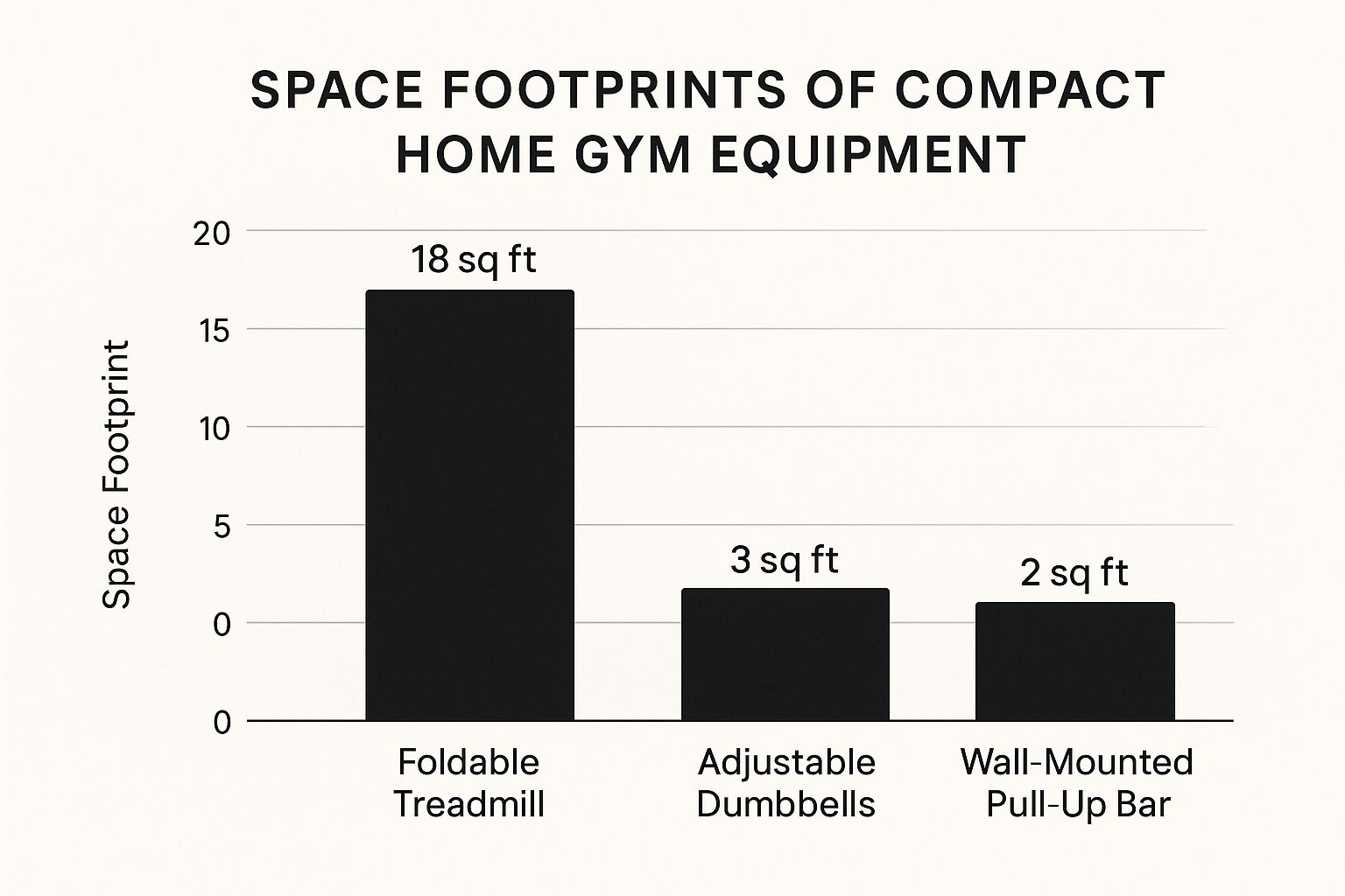 Infographic bar chart comparing the space footprints of a foldable treadmill, adjustable dumbbells, and a wall-mounted pull-up bar.