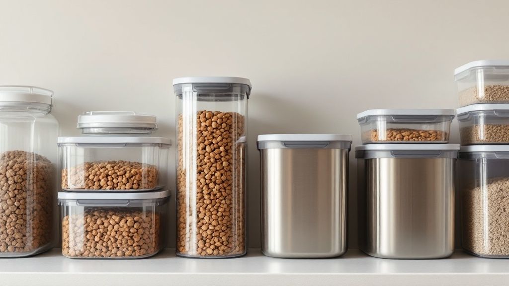 A golden retriever looking happily at a bowl of kibble being poured from a storage container.