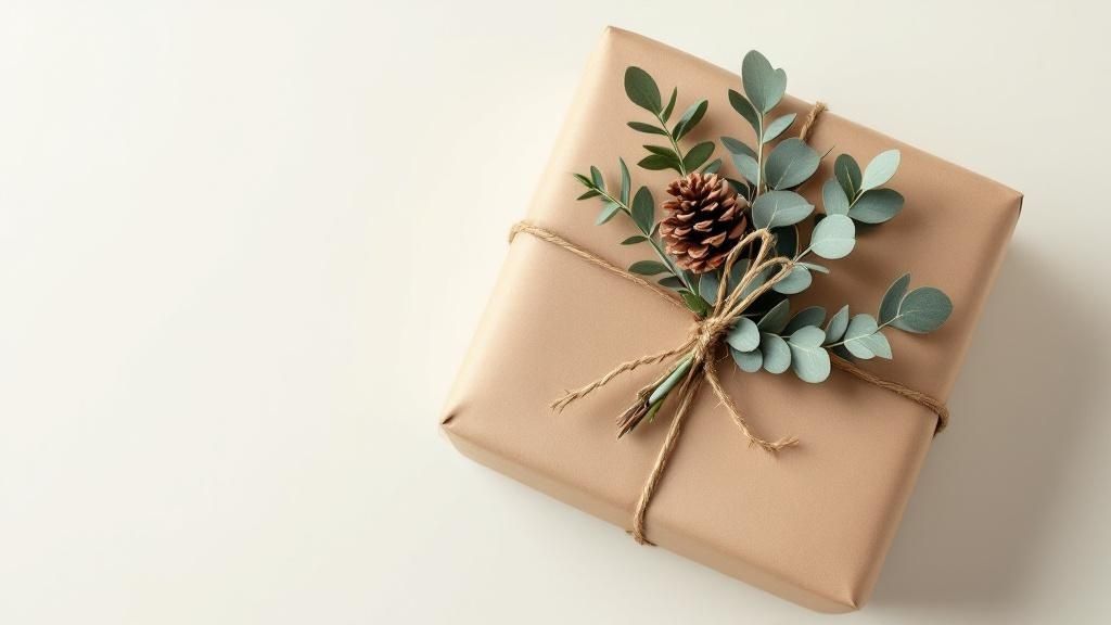 A gift wrapped in brown paper, tied with twine, and adorned with a sprig of green foliage and a small pinecone, showcasing the natural and foraged elements style.