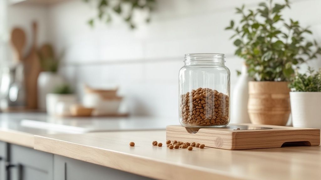 A hand scooping dry kibble from a clear airtight container into a dog bowl.