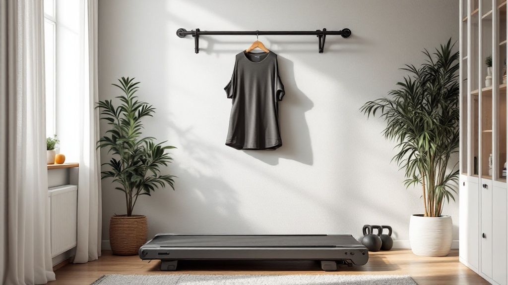 A person asking a question in a bright, modern home gym setting.