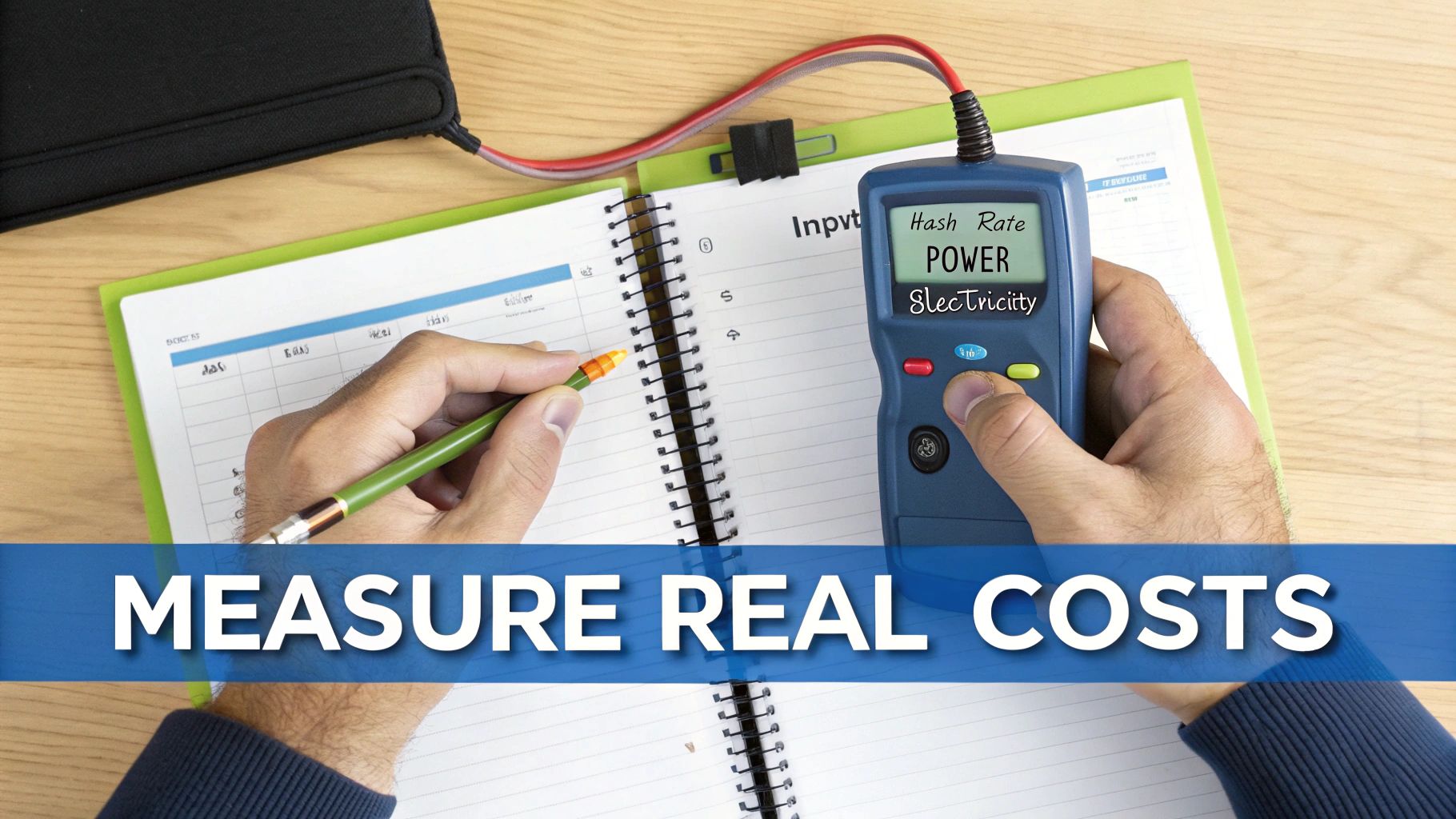 Hands measure electricity consumption and hash rate with a digital meter and notebook to calculate costs.