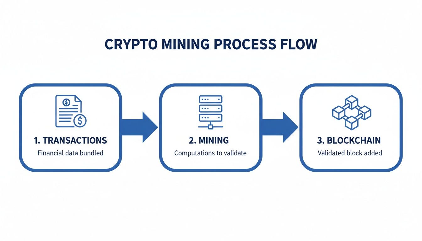 Flowchart detailing the cryptocurrency mining process, showing transactions, mining, and blockchain validation.