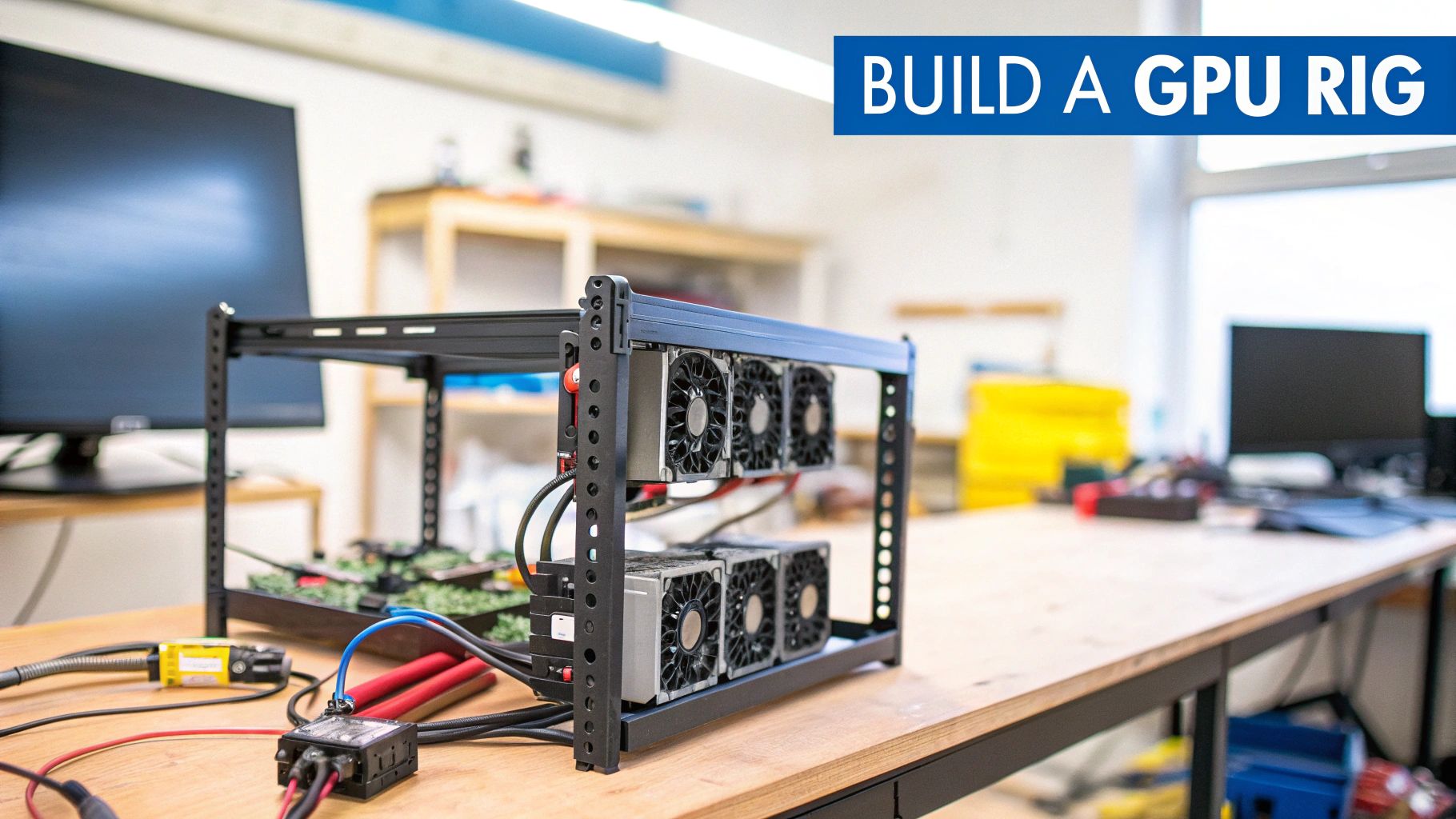A black multi-tiered GPU mining rig with several fans and connected wires sits on a wooden desk.
