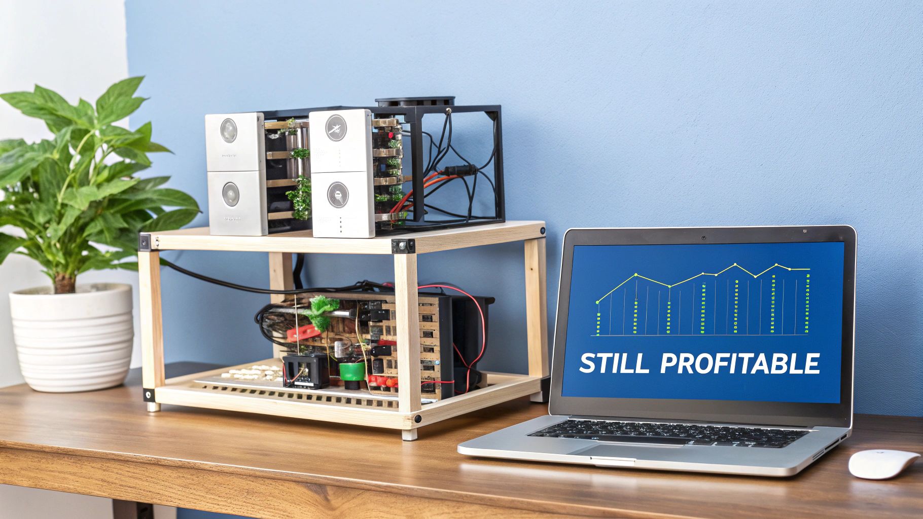 Crypto mining rigs on a wooden stand with a laptop displaying a profit graph and 'STILL PROFITABLE' text.