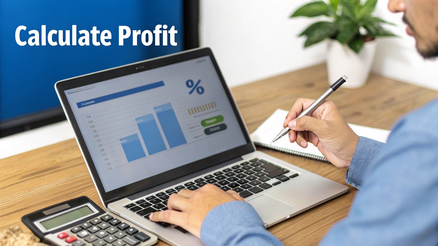 A person calculates profit using a laptop displaying charts and a calculator on a wooden desk.