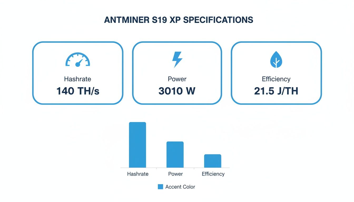 Antminer S19 XP specifications: hashrate 140 TH/s, power 3010 W, and efficiency 21.5 J/TH with bar chart.