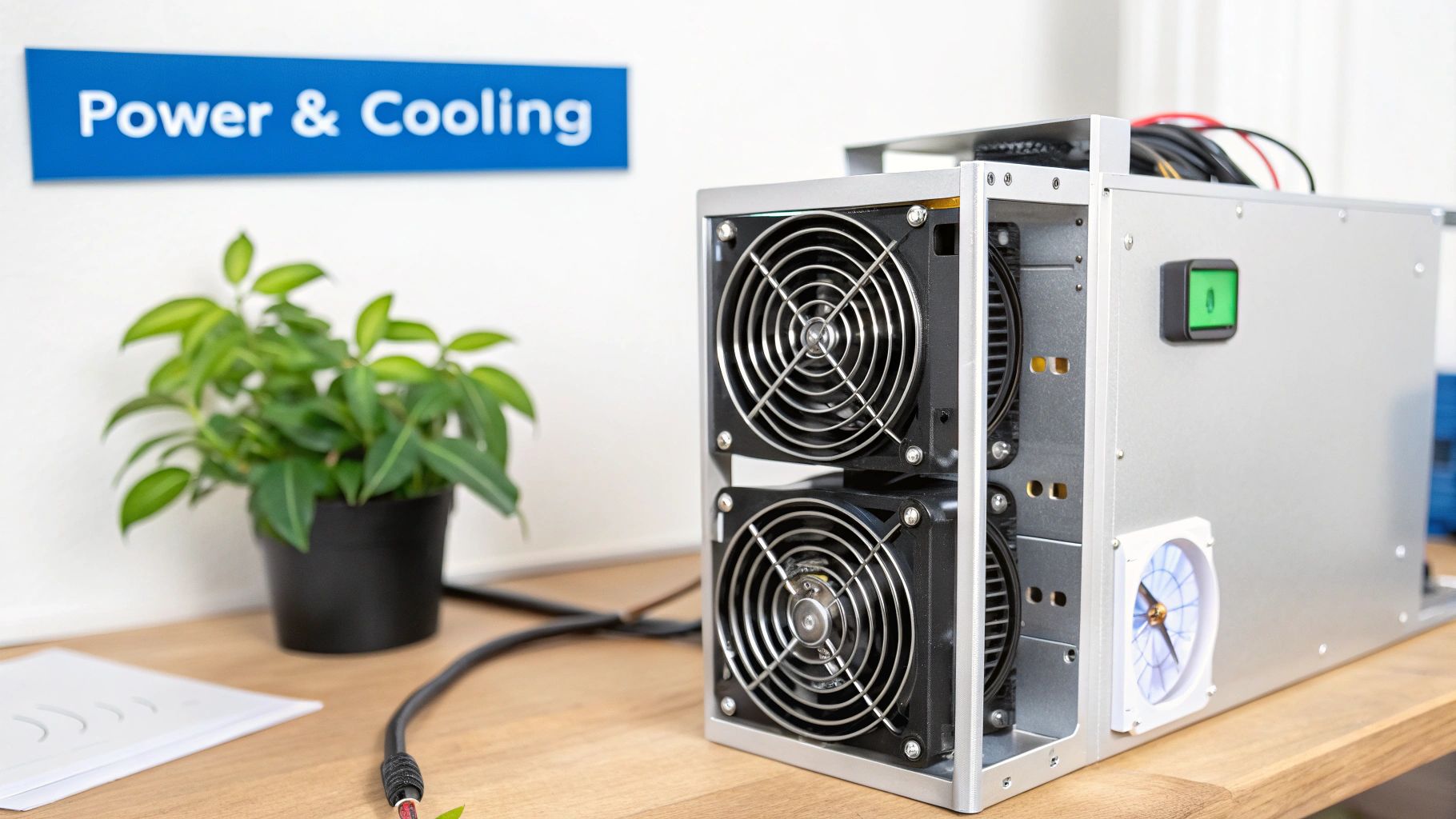 A silver ASIC mining rig featuring multiple cooling fans on a wooden desk with a 'Power & Cooling' sign in the background.