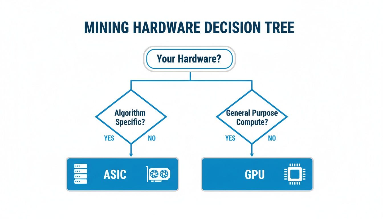 A decision tree diagram for mining hardware, illustrating choices between ASIC and GPU based on algorithm specificity.