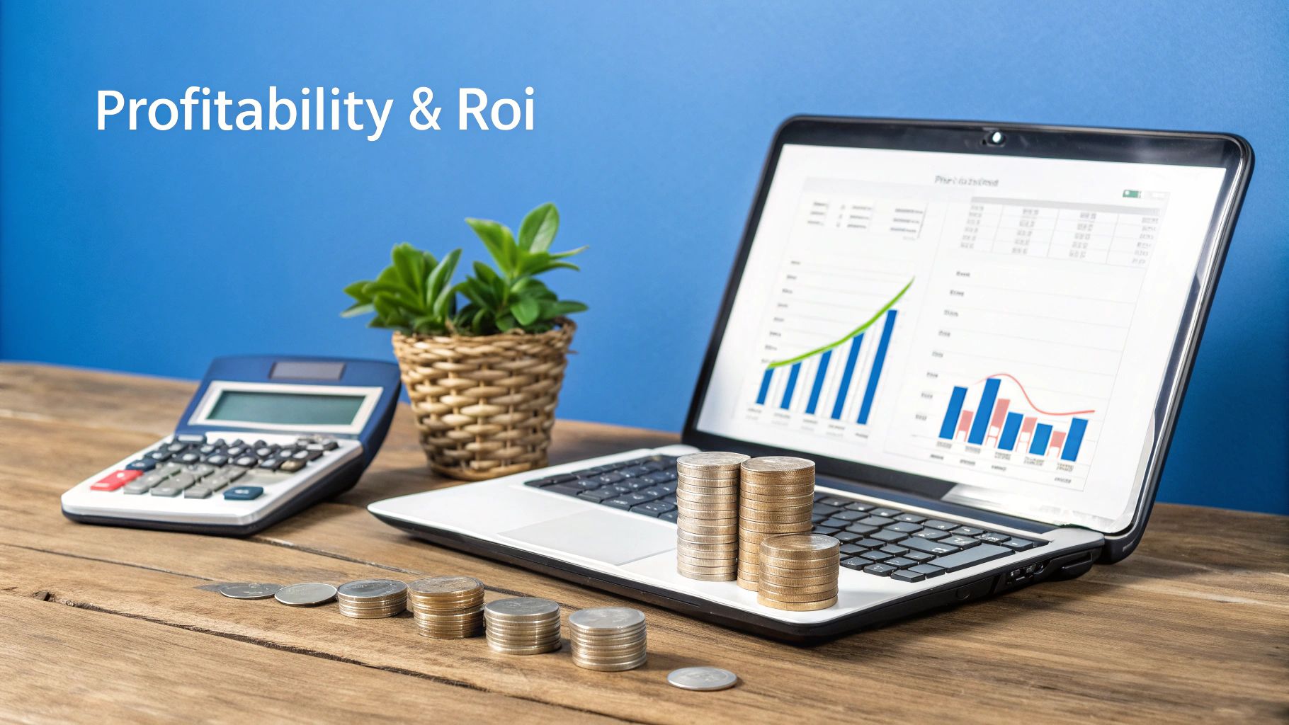 A laptop displaying financial charts with coins, a calculator, and a plant on a wooden desk.