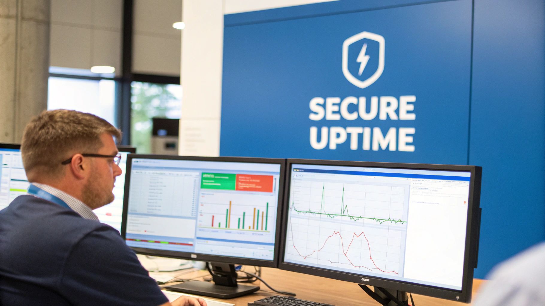 A man monitors data charts on dual screens in an IT control room with "Secure Uptime" branding.