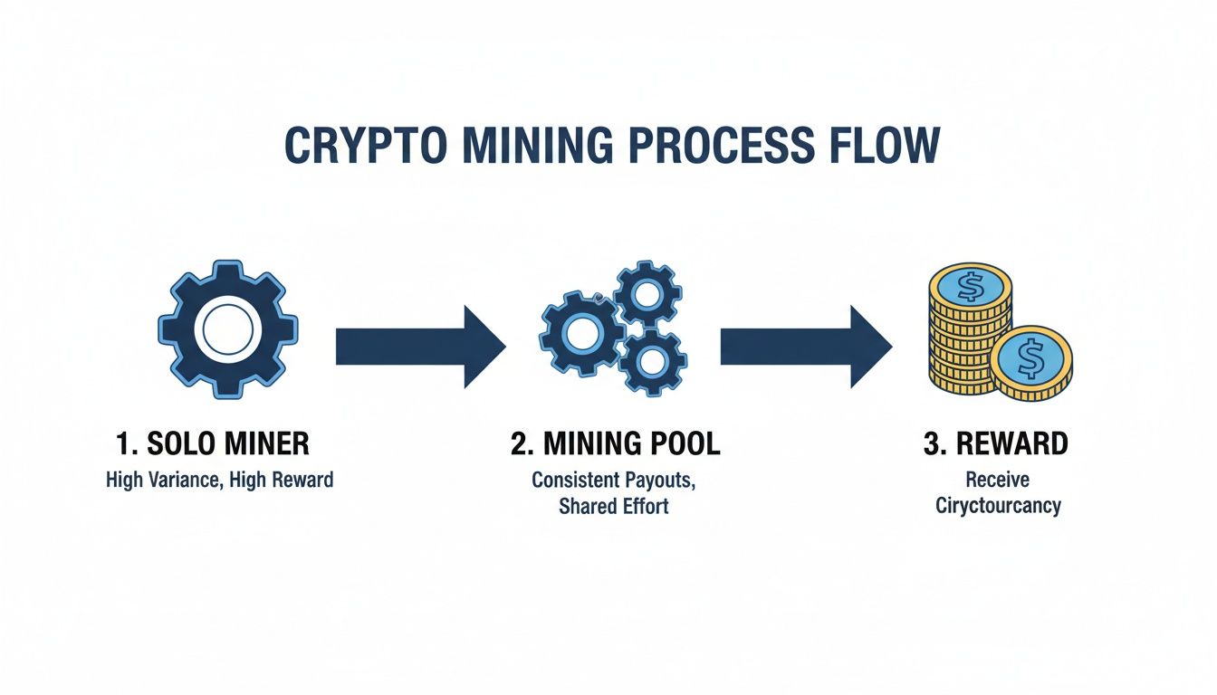 Diagram illustrating the crypto mining process flow, from solo miner to mining pool, then receiving cryptocurrency rewards.