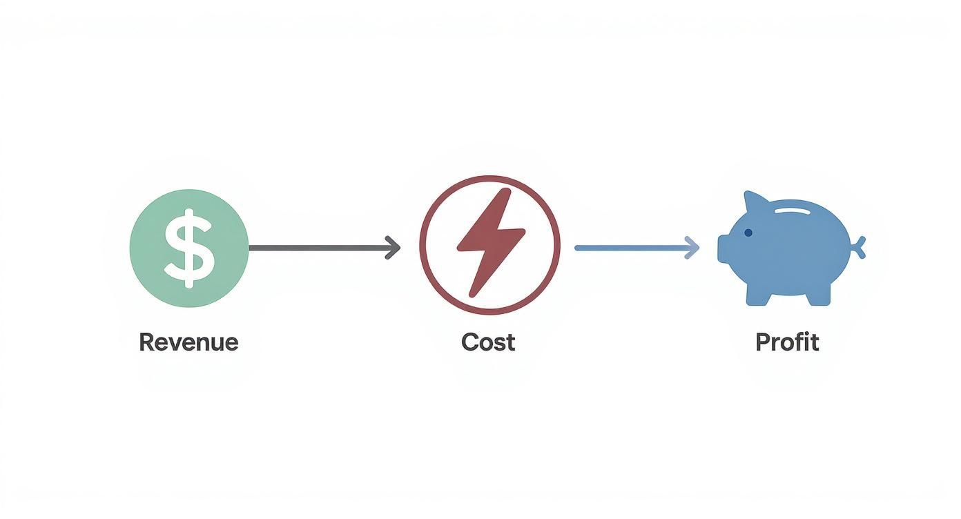 A financial diagram illustrating the business concept of revenue minus cost equals profit, using icons.