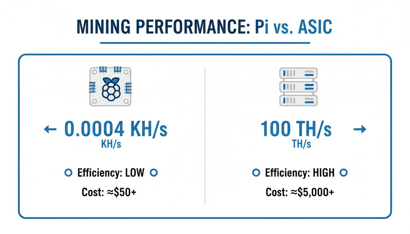 Infographic comparing Raspberry Pi and ASIC mining performance, showing hash rates, efficiency, and costs.