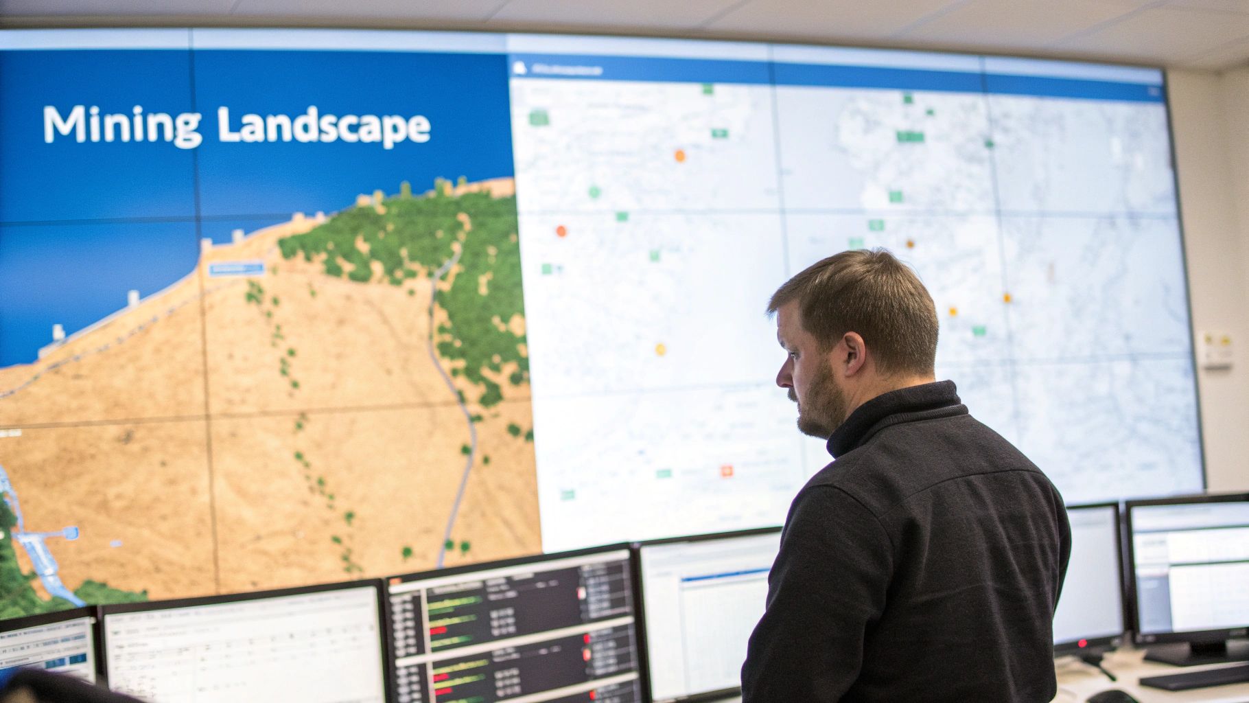 A man in a control room views a large multi-screen display showing a 'Mining Landscape' map and data, with monitors below.