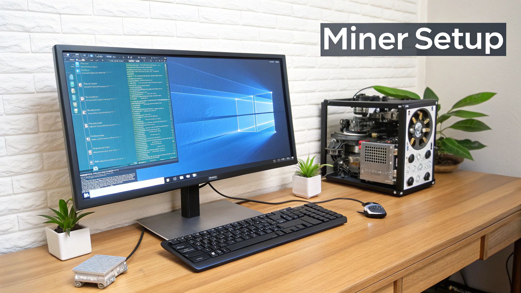 A 'Miner Setup' featuring a computer monitor displaying Windows, a keyboard, mouse, and a custom-built mining rig on a wooden desk.