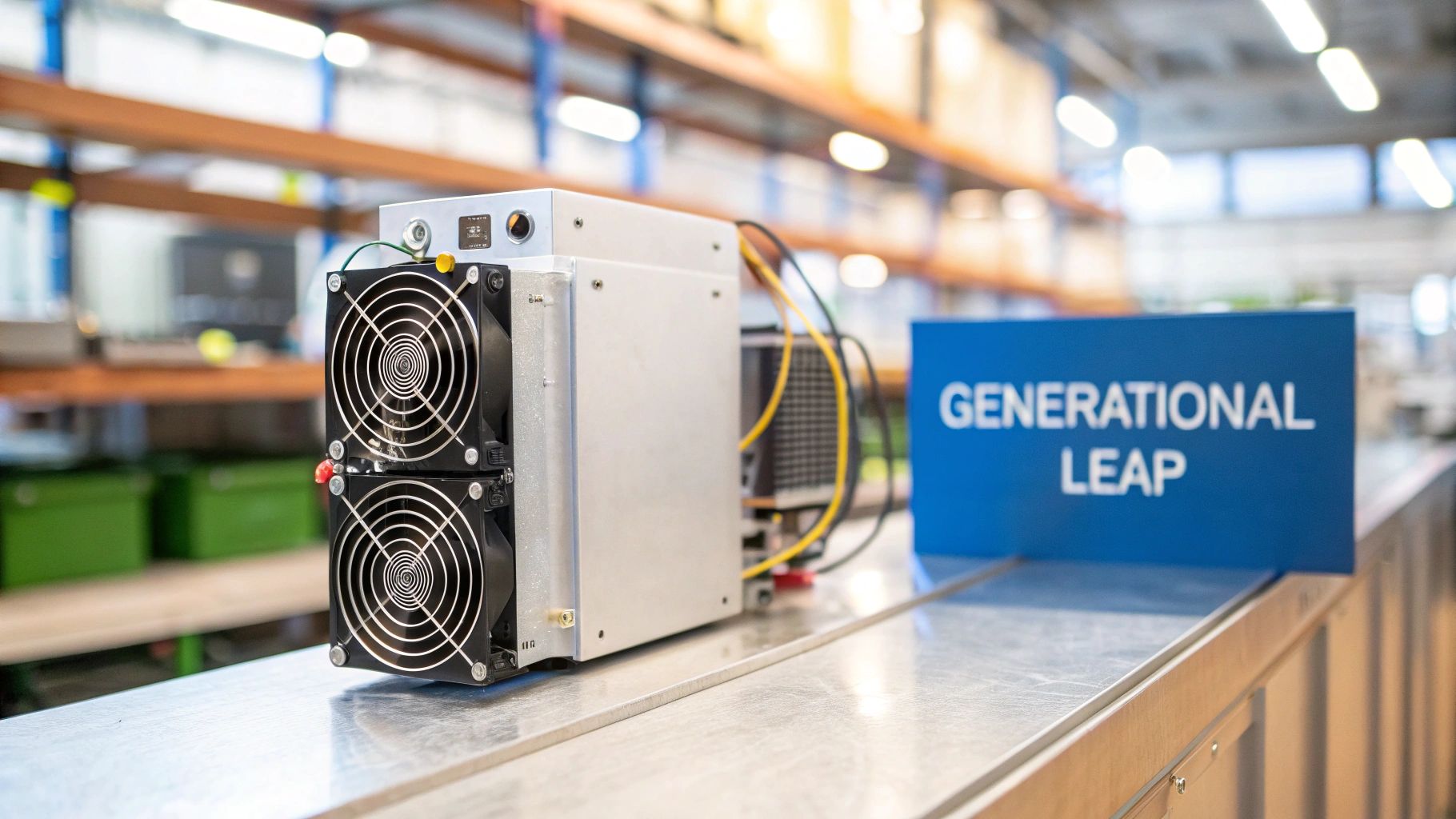 A powerful crypto mining rig with two large cooling fans sits on a metal surface next to a 'GENERATIONAL LEAP' sign.
