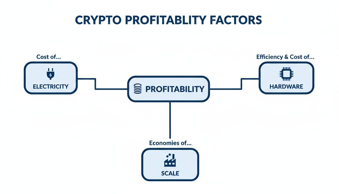 A diagram outlining the key factors influencing crypto mining profitability, including electricity, hardware, and scale.