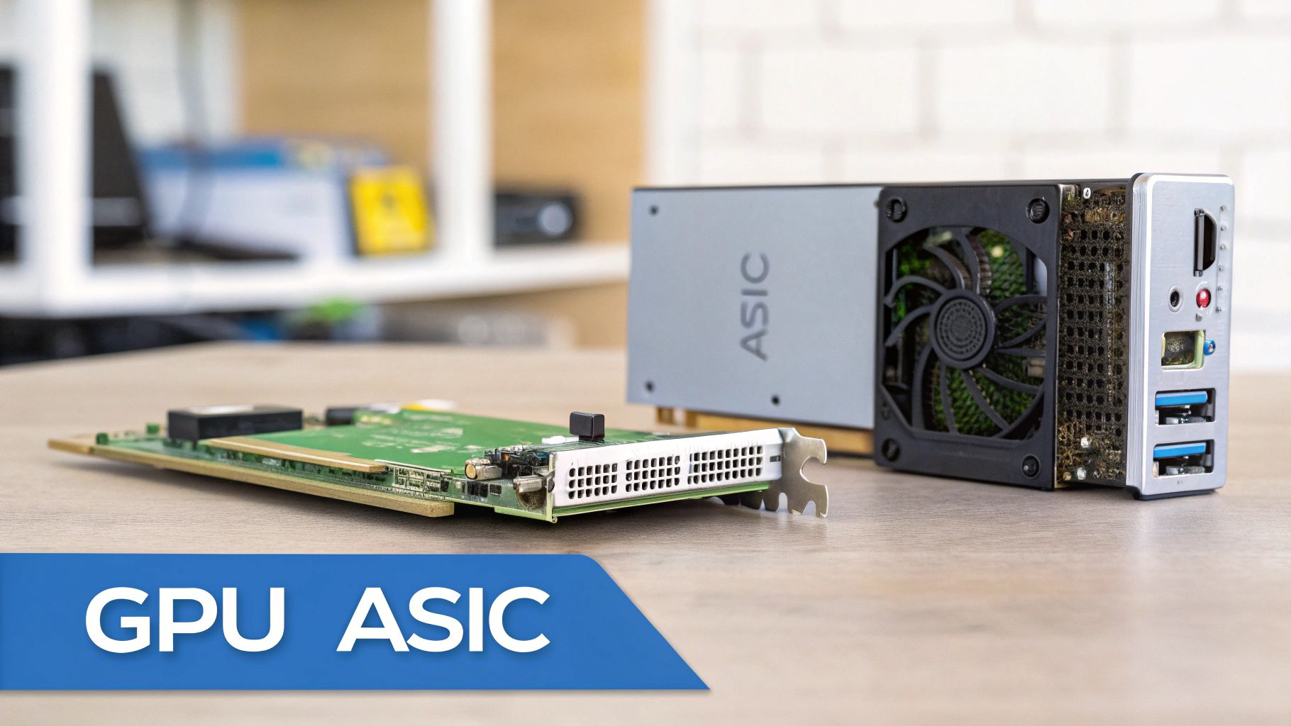 A GPU circuit board and an ASIC device with a fan and ports displayed on a wooden table.