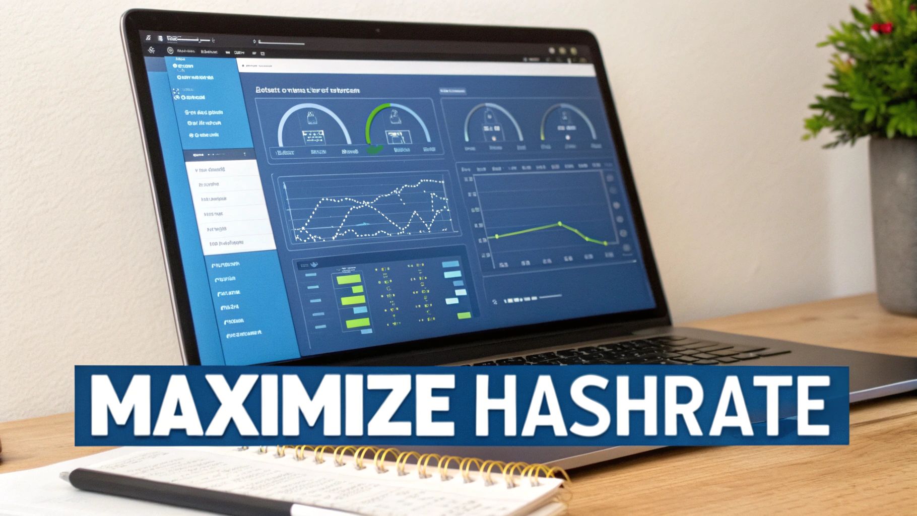 A laptop on a wooden desk displays a dashboard with graphs and data, with a "Maximize Hashrate" banner.