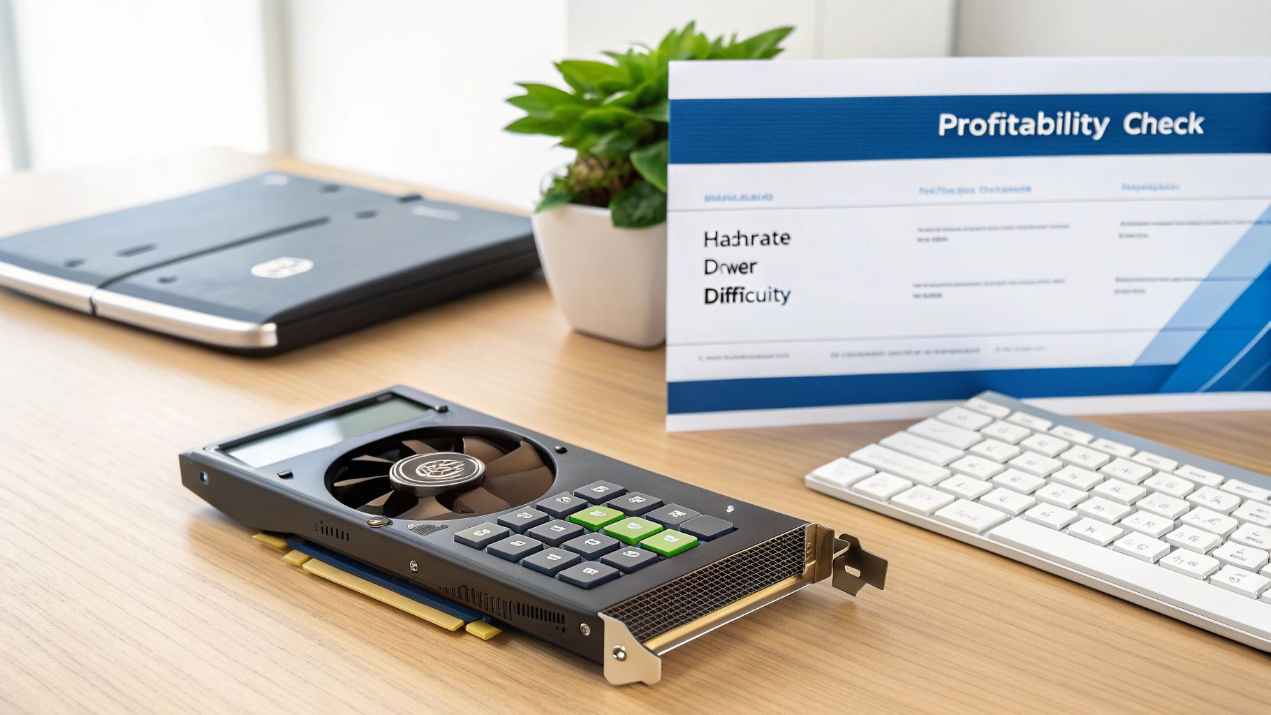 A specialized cryptocurrency miner and a 'Profitability Check' document on a wooden desk with a laptop.