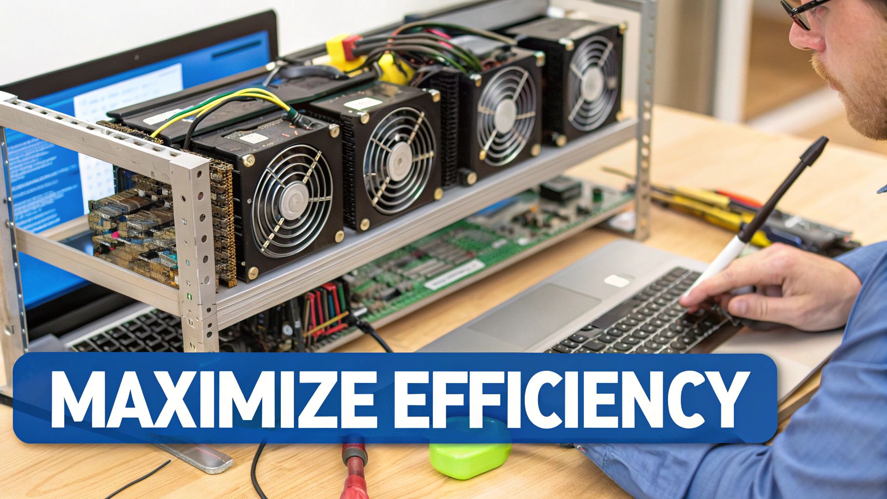 A man works on a laptop next to a custom-built computer rig with multiple GPUs and cooling fans.