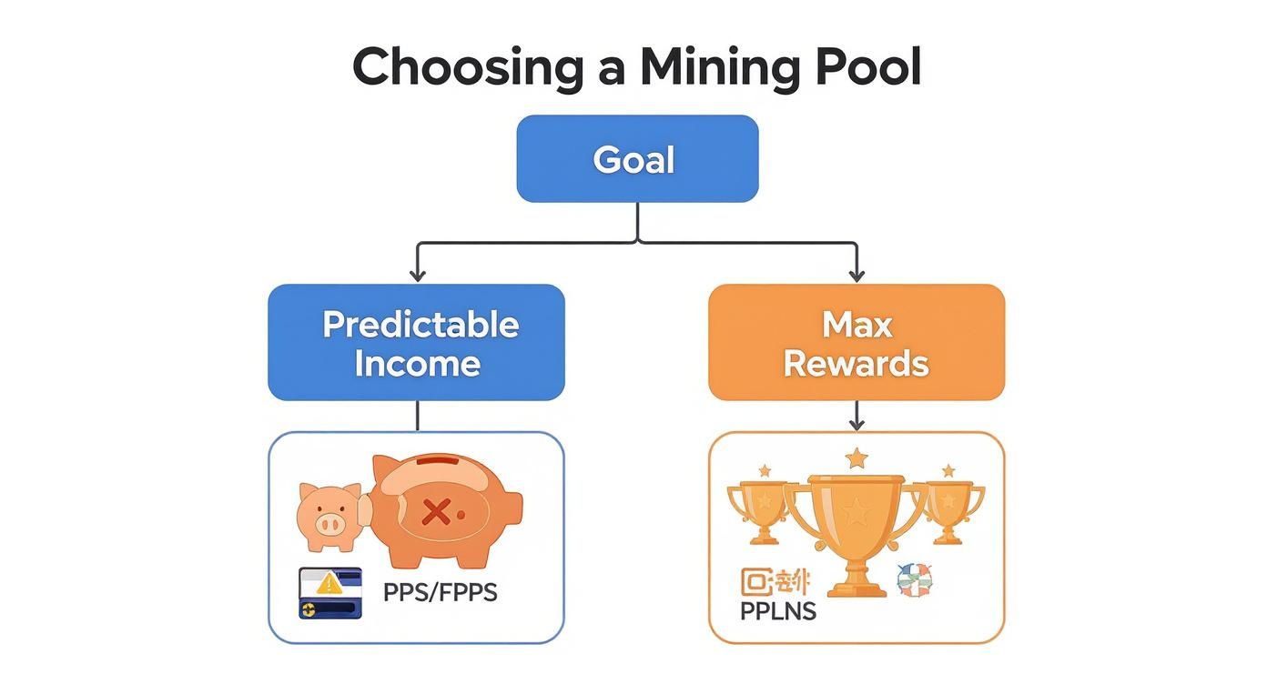 Flowchart showing how to choose a crypto mining pool based on income predictability or max rewards.