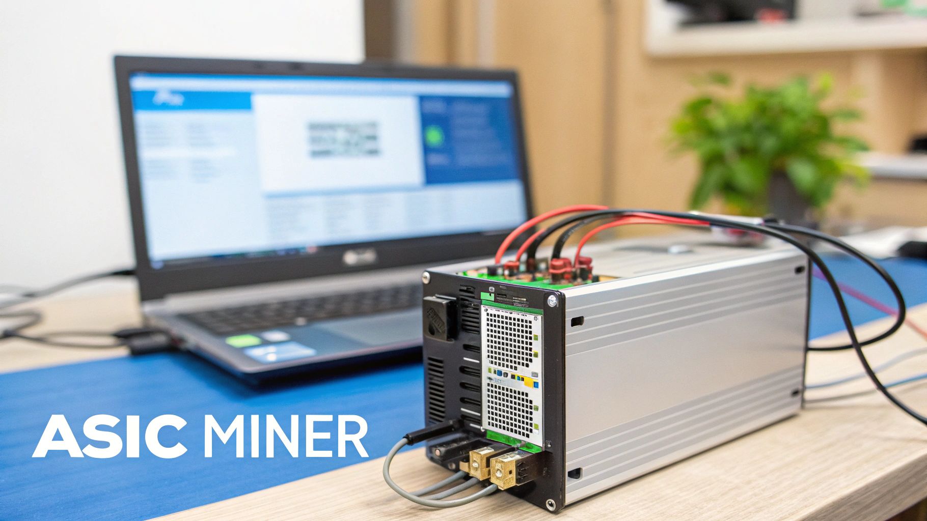 An ASIC miner connected to a laptop on a desk with cables, ready for cryptocurrency mining.