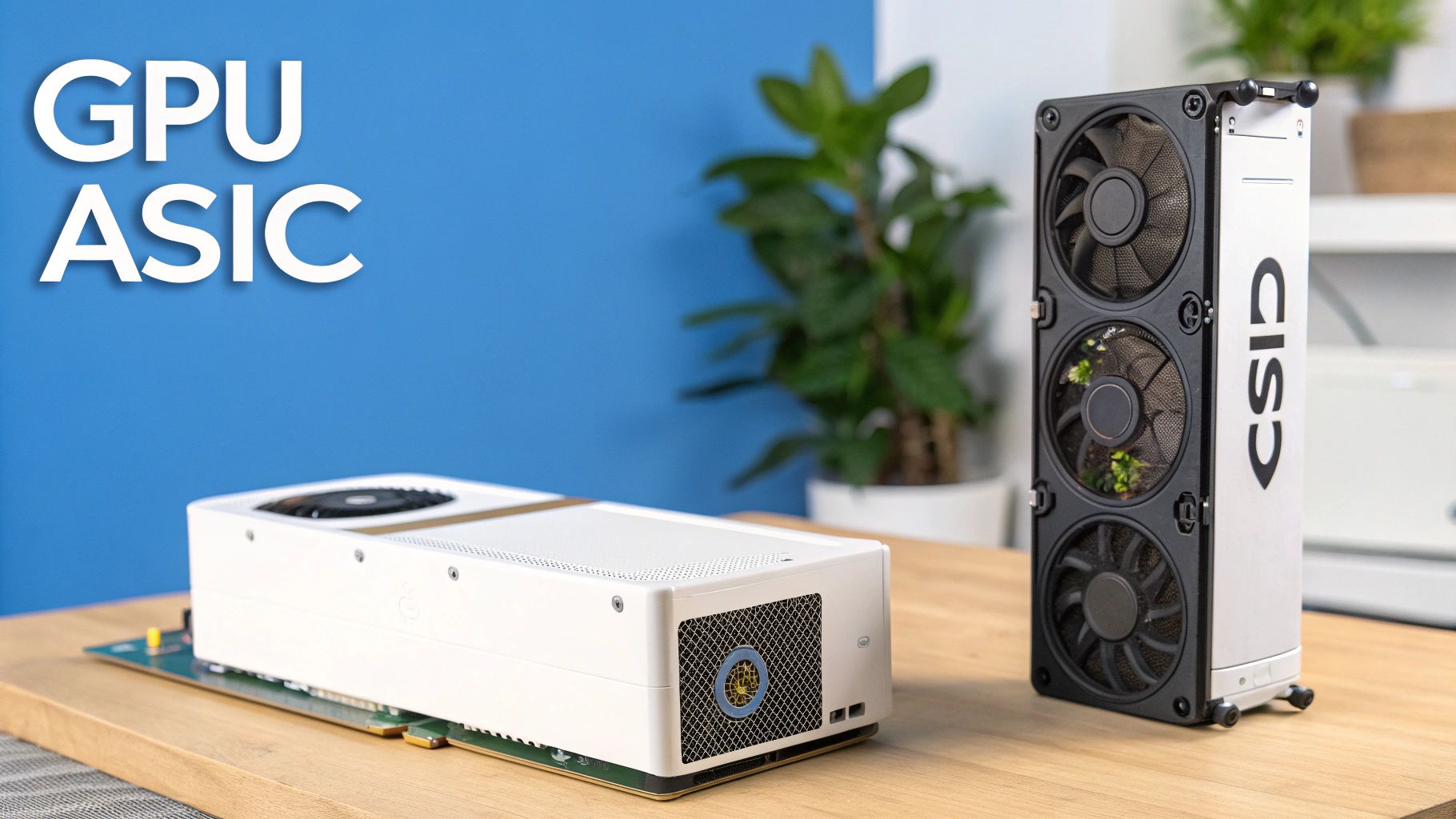 Two white and black computing devices, labeled GPU ASIC, sit on a wooden desk.